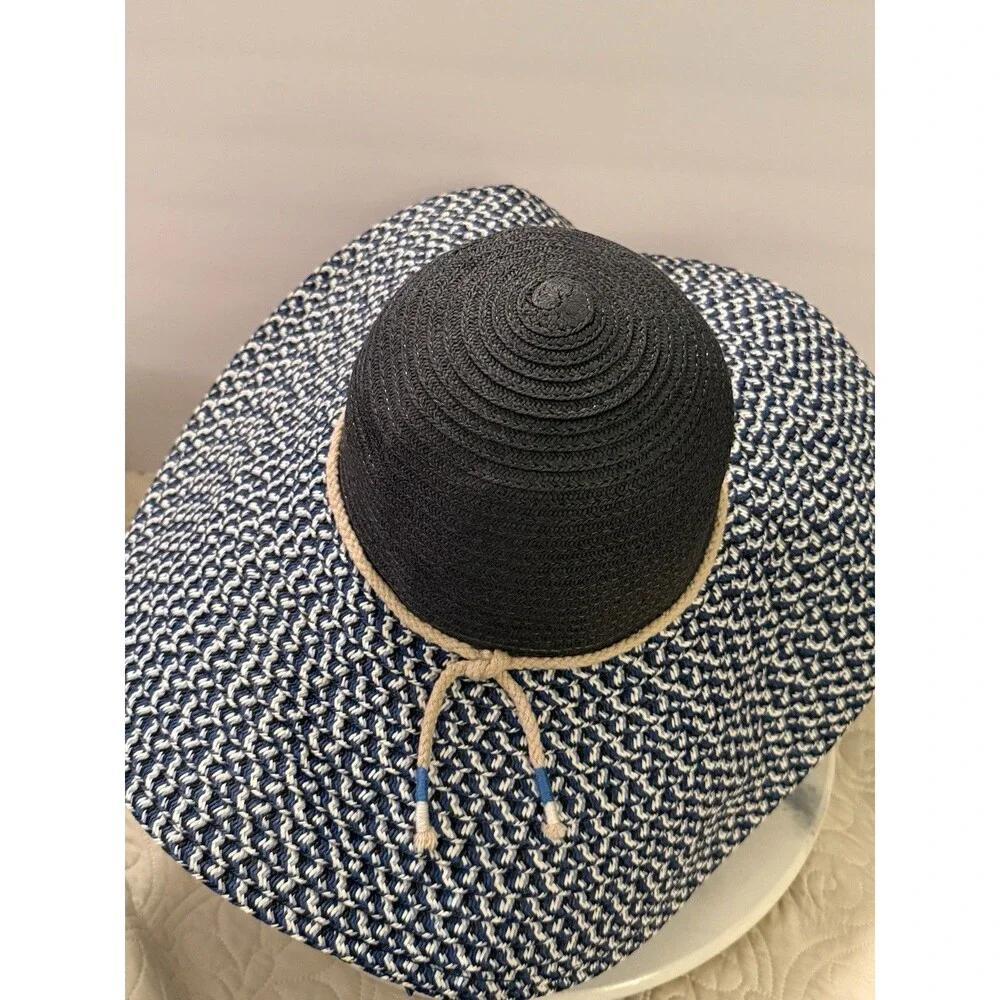 Echo Design Womens Beach Straw Hat Navy Blue White Elastic Band Sun Cap OS